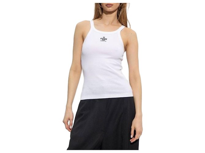 Fendi Haut en coton avec logo brodé Blanc