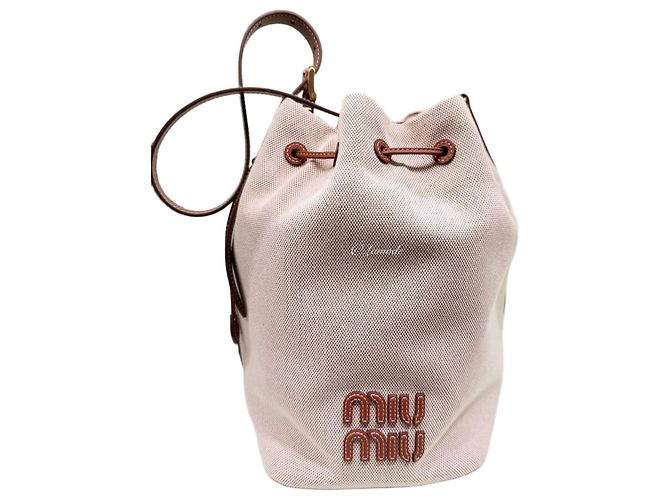 Miu Miu Borsa a secchiello in tela e pelle Beige Brandy Bianco