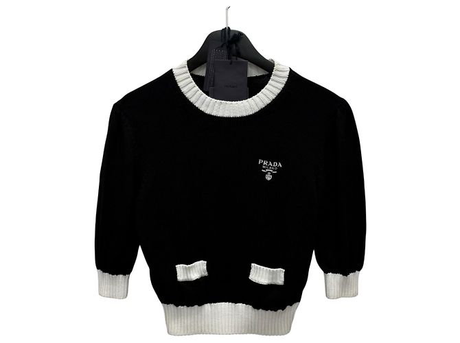 Prada Kurzer Baumwollstrick mit Mini-Logo Silber 
