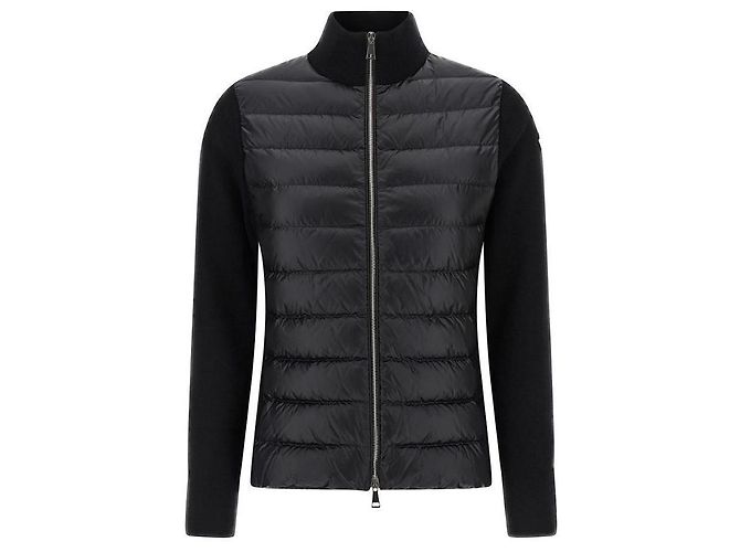 Jaqueta acolchoada leve com zíper em mix de malha e patch com logo Moncler Preto