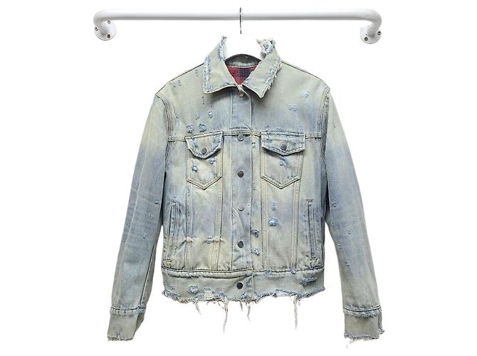 Amiri Distressed Denim Red Check Flannel Reversible Jacket