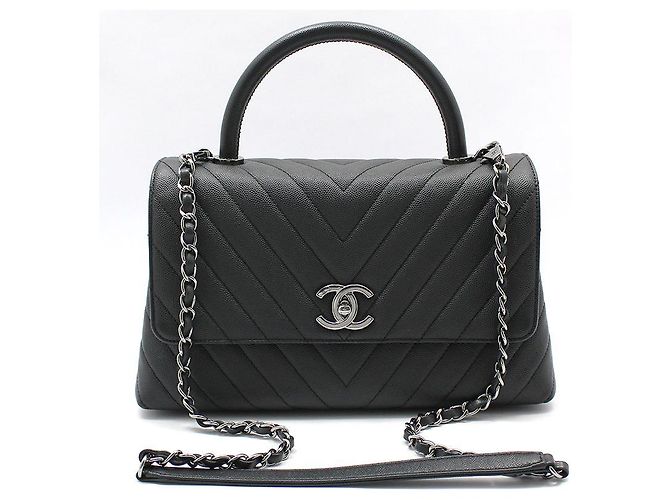 Dark Grey Chevron Caviar Silver Chanel Coco Handle Medium Shoulder Bag Brown