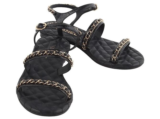 Chanel Quilted Gold Chain Strap Sandals Size Black