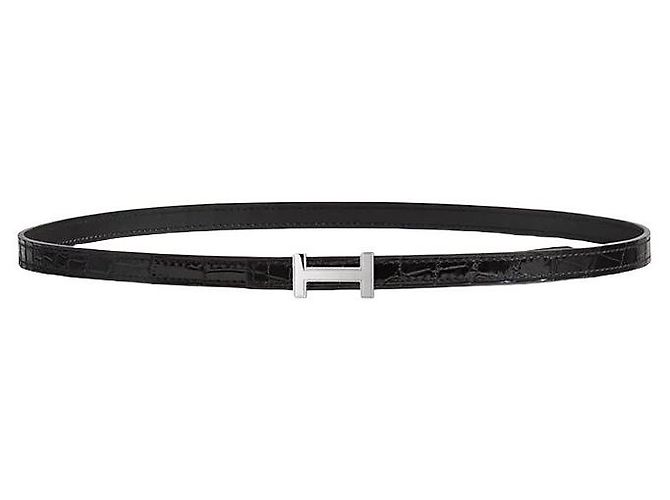 Hermès Mini Cinturón con Hebilla de Cuero de Cocodrilo para Mujer Plata Focus Noir