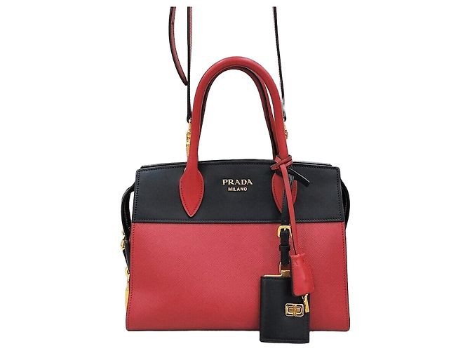 Prada Saffiano Black Red Two-Tone Tote Shoulder Bag