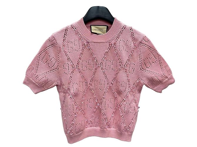 Gucci Kurzärmeliges Strickoberteil mit GG-Perlen für Damen Rot