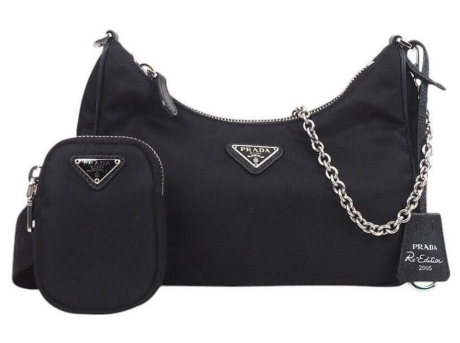 Prada Tesuto Chain Strap Hobo Bag Black