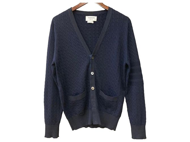 Thom Browne Wool Cable Cardigan Navy Blue
