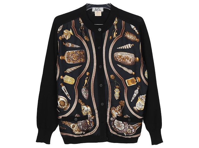 Hermès Strickjacke aus schwarzer Wolle und mehrfarbiger Seide mit Rundhalsausschnitt