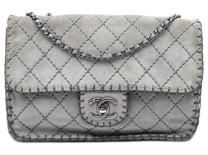 Chanel Gray Medium CC Quilted Suede Whipstitch Single Flap Marrone