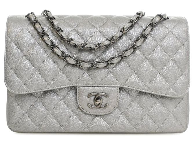 Chanel Silver Jumbo Classic Caviar Double Flap Argenté