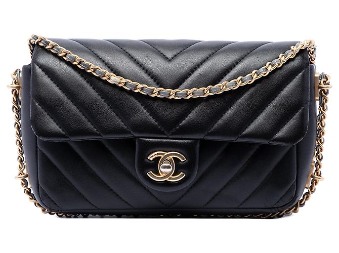 Chanel Black Mini Rectangular Chevron Lambskin Chain Around Flap