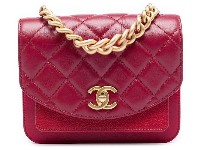 Chanel Mini Flap em couro de vitelo matelassê e caviar vermelho com alça de corrente