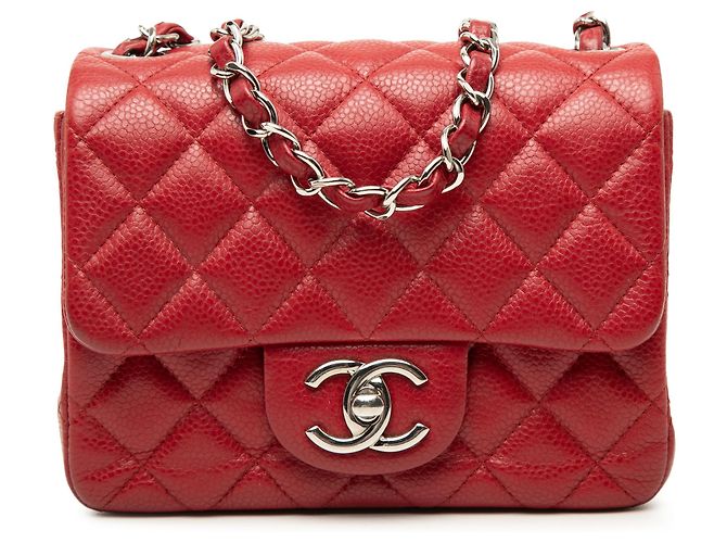 Chanel Red Mini Square Classic Caviar Single Flap Vermelho