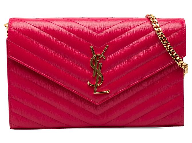 Carteira de corrente envelope monograma chevron em couro grain de poudre rosa Saint Laurent