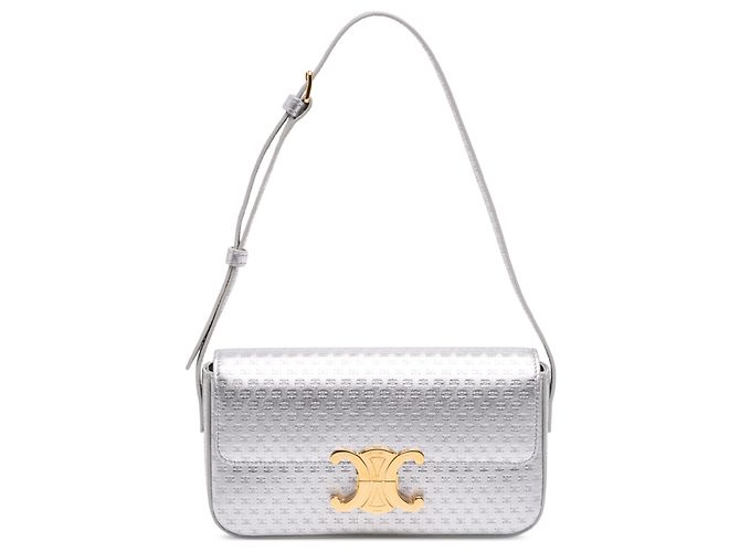 Céline Bolsa de ombro Claude em couro de vitelo laminado com estampa Triomphe prateada Celine Prata