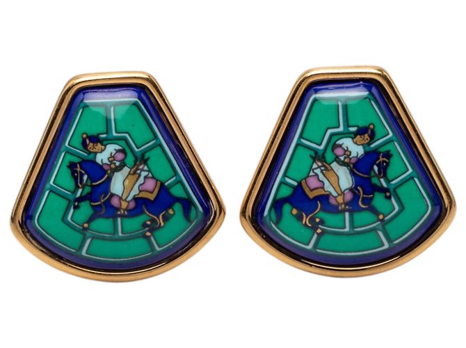 Boucles d'oreilles clips Hermès en émail vert Jockey Cloisonne 