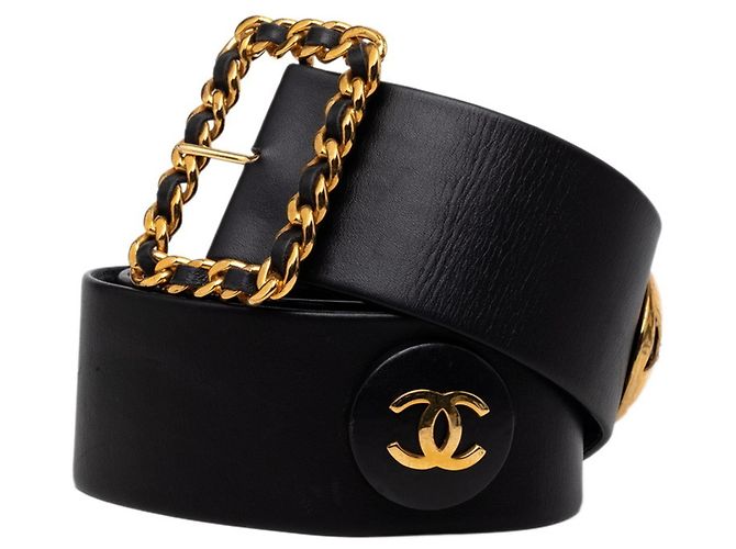 Cinto com fivela de corrente logo Coco Chanel Preto Dourado