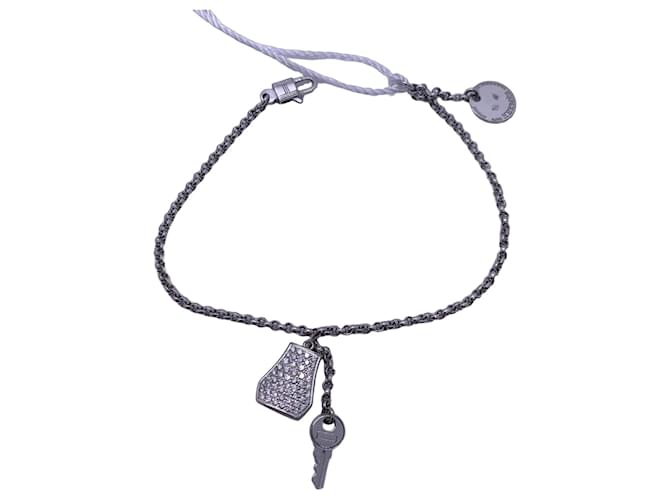 Hermès Kelly Clochette Diamond Platinum Lock Key Chain Silvery 