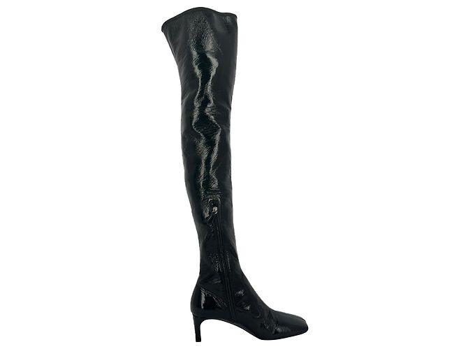 Prada Square-Toe Over-The-Knee Boots in Black Patent Leather