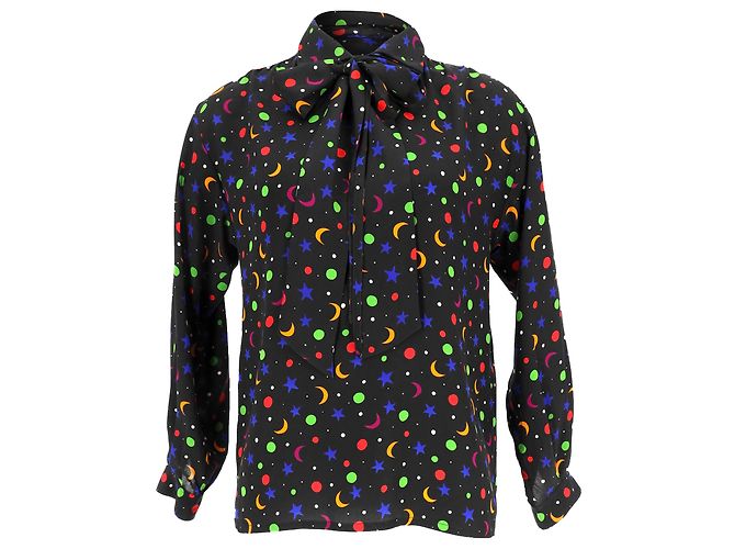 Yves Saint Laurent Camicetta Saint Laurent S/S 1979 Cosmic Print in seta nera Nero 