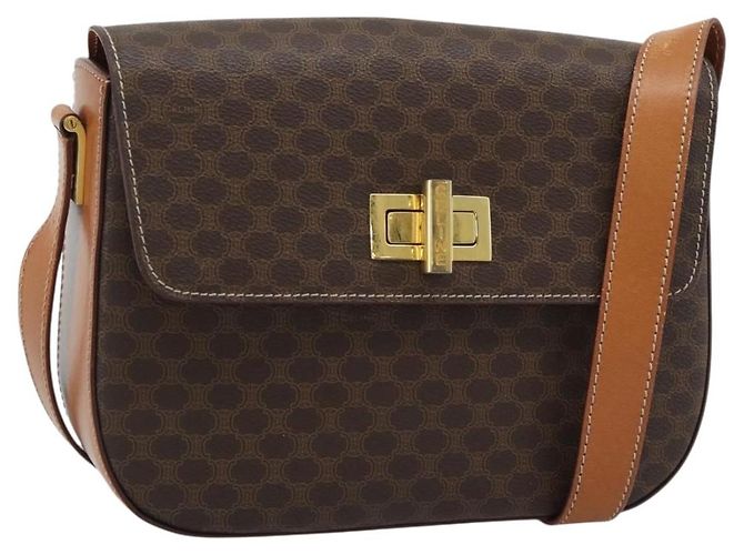 16 Céline Bolsa de Ombro CELINE Macadam Canvas PVC Couro Marrom Ouro Auth BA14393 Dourado