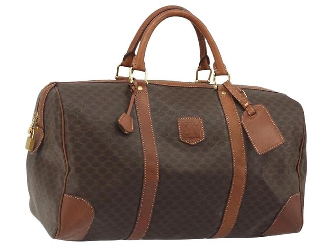 Céline Bolsa Boston CELINE Macadam Canvas PVC Couro Marrom Ouro Auth 186570 Dourado