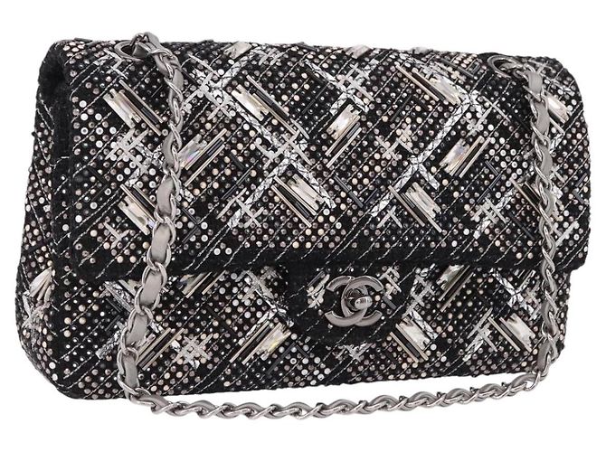 CHANEL beads Chain Matelasse 25 Bag Tweed Black Silver CC Auth yk20617SM Silvery