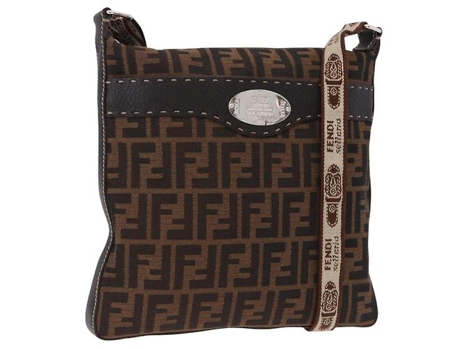 FENDI Borsa a Spalla Zucca Canvas Celesia Marrone Argento 8BT109 Auth SW2643V