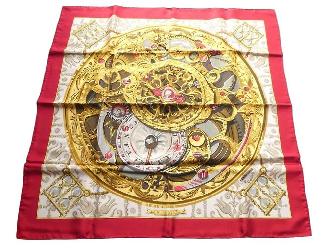Hermès Rouages Lenço de Seda Marrom Branco Vermelho Gold hardware