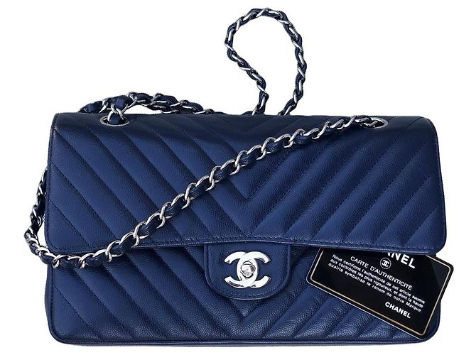 Timeless Chanel Classic Medium Flap Bag Couro Caviar Azul Marinho Azul escuro