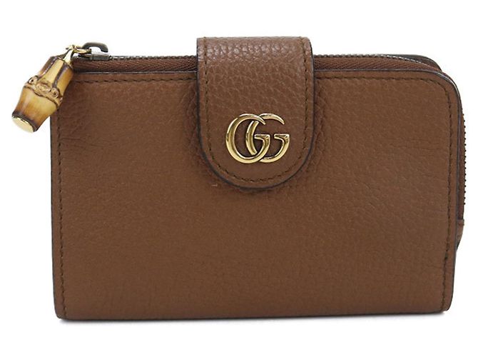 Bamboo Cartera bi-fold Gucci de cuero marrón con detalles de bambú Castaño