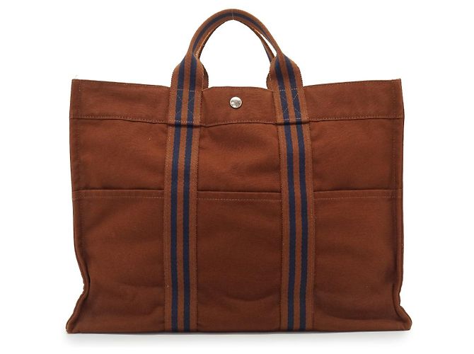 Hermès Bolsa Tote Fourre Tout MM em lona de algodão com listras marrom e azul Hermes