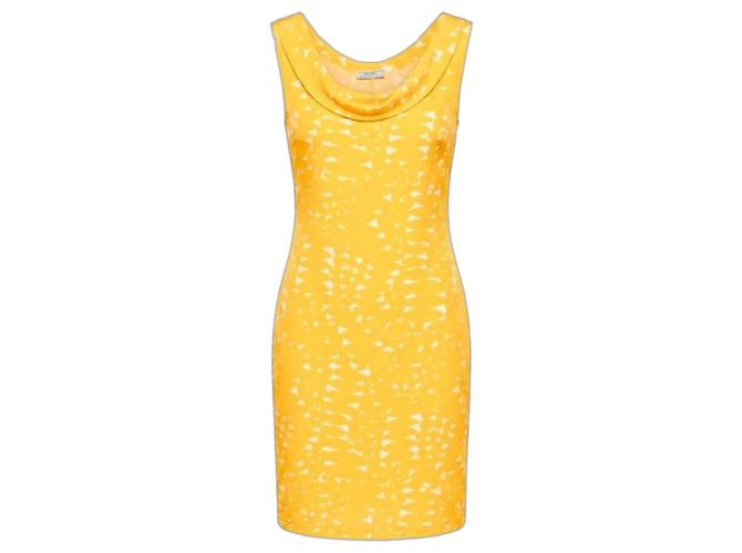 Prada Vintage Seiden-Shift-Kleid mit abstraktem geometrischem Print IT 44 Gelb