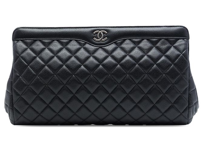 Chanel Black Large CC Quilted Caviar Frame Clutch Schwarz