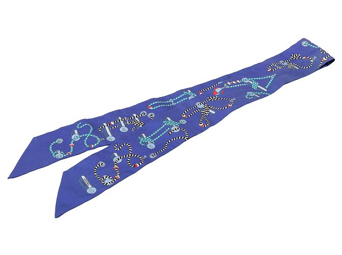 Lenço Twilly de seda Hermès Blue Cordages Azul