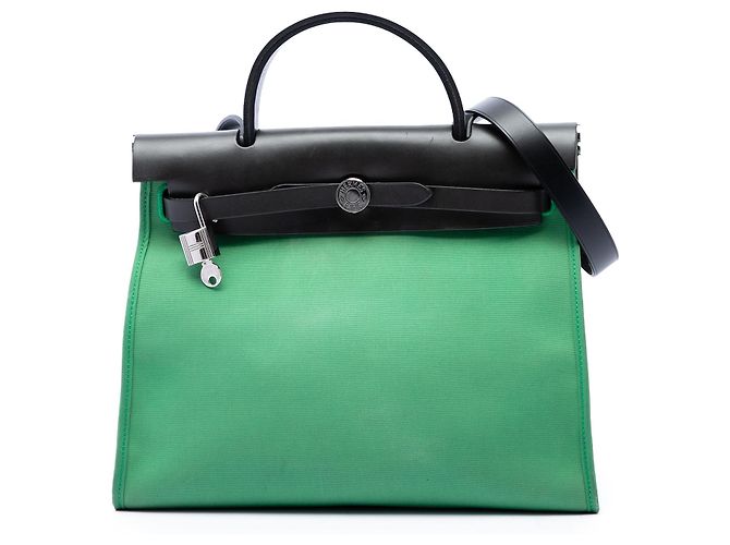 Hermès Herbag Zip 31 em toile militar verde e couro vachette Hunter