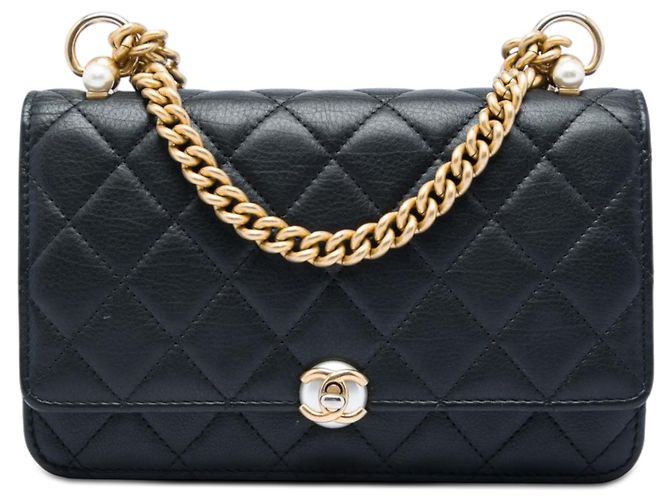 Chanel Black CC gestepptes Lammleder Perlen-Wallet on Chain Schwarz
