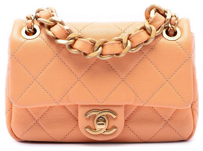 Chanel Orange Mini CC Quilted Caviar Single Flap Peach