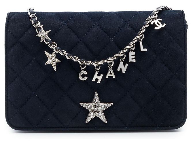 Chanel Blue Quilted Suede Cocostellar Wallet on Chain