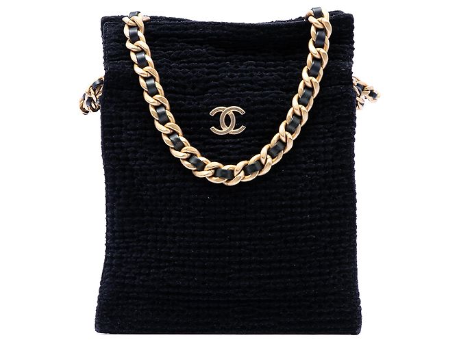 Sacote de compras Chanel Black CC em tweed de algodão com cordão de ajuste Preto