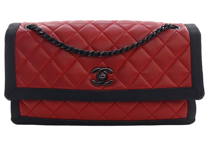Chanel Rot Medium CC Bicolor gestepptes Lammleder Grosgrain Single Flap