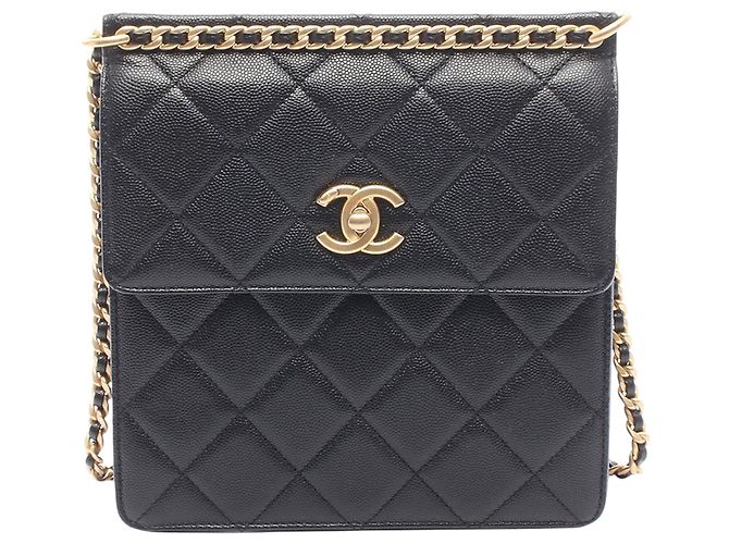 Mochila Chanel Black CC Caviar Square Chain Preto