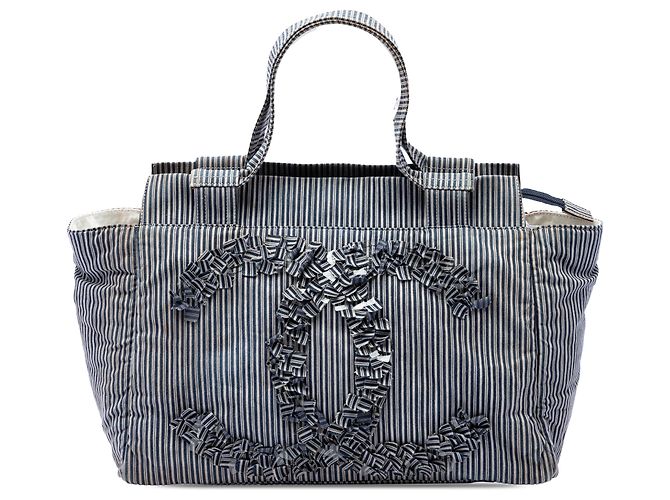 Borsa Tote Chanel Blue CC Striped Canvas Shopper