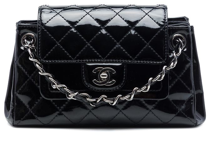 Chanel Black Small CC Quilted Patent Accordion Double Flap Preto