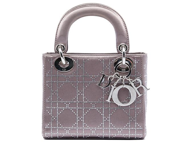 Lady Dior Dior Cinza Mini Cetim Cannage com Cristais Marrom