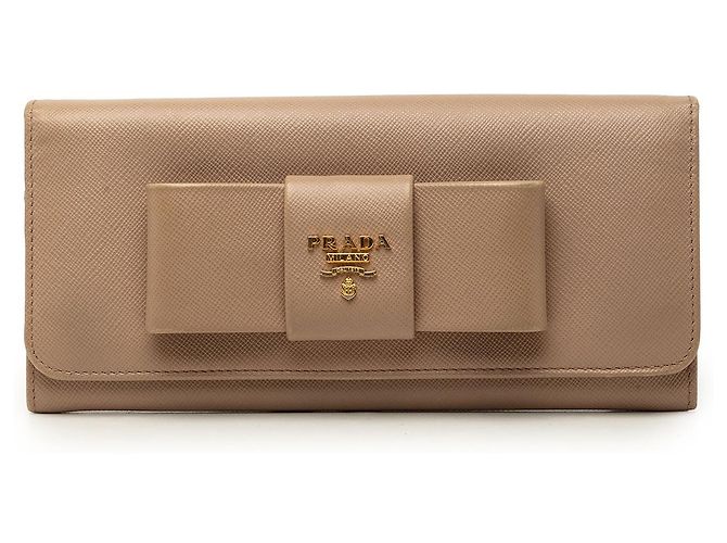 Prada Brown Saffiano Bow Continental Long Wallet Flesh