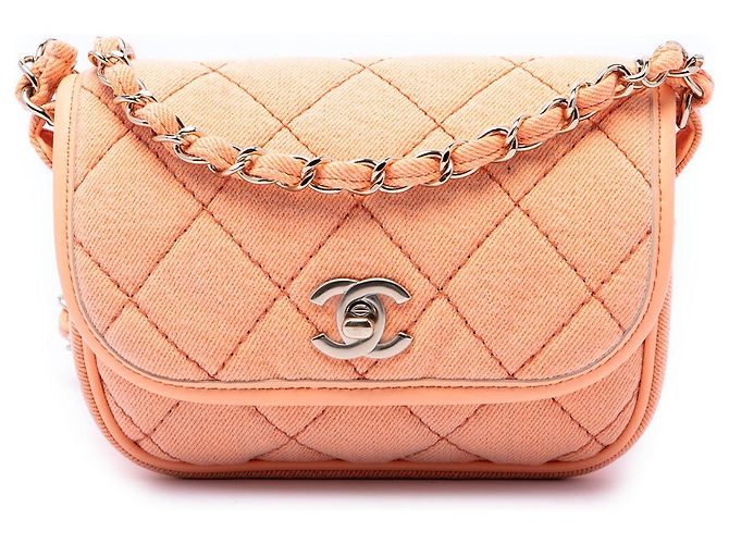Chanel Orange Mini CC Messenger Flap aus gestepptem Denim
