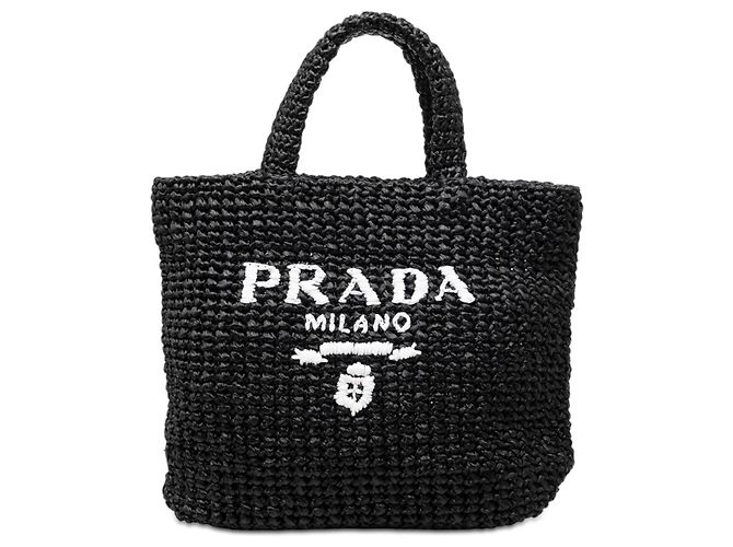 Prada Tote Schwarz Klein mit Raffia-Effekt, Häkeloptik und gesticktem Logo