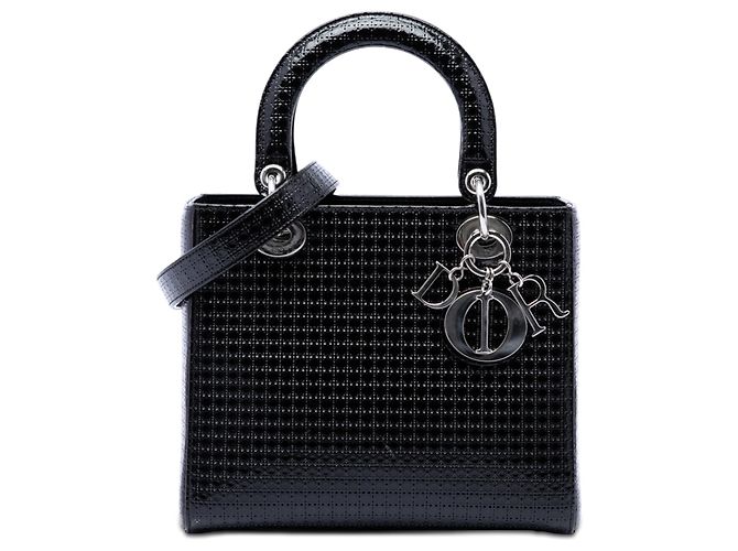Dior Black Medium Metallic Patent Microcannage Lady Dior Noir